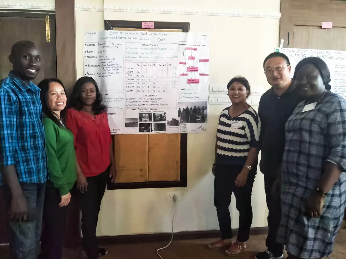 Group standing beside a seed production programme poster